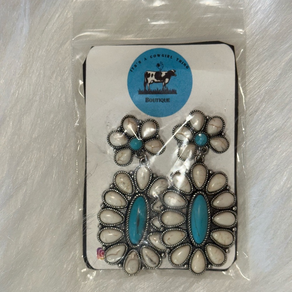 Turquoise and White Floral Earrings